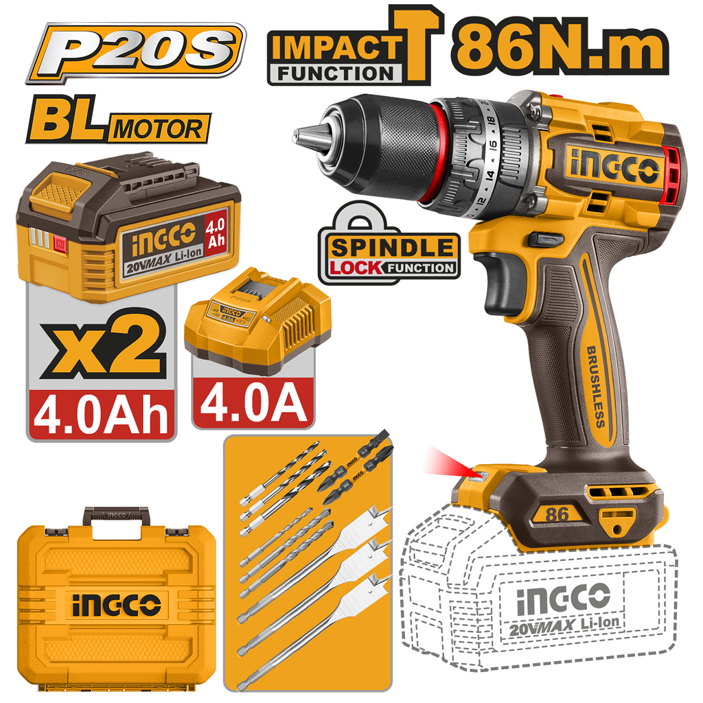 Parafusadeira/Furadeira BL 86Nm Impacto 1/2" 20V P20S c/ 2 bat 4Ah