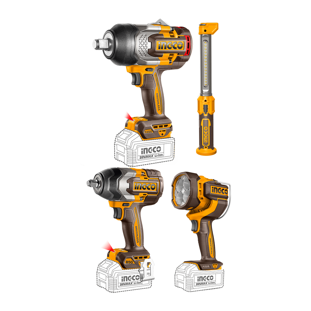 Combo 4 pçs — Chave Impacto 3/4" 1350Nm + 1/2" 850Nm + Lanternas 2500LM e 300LM c/ 2 bat 5Ah