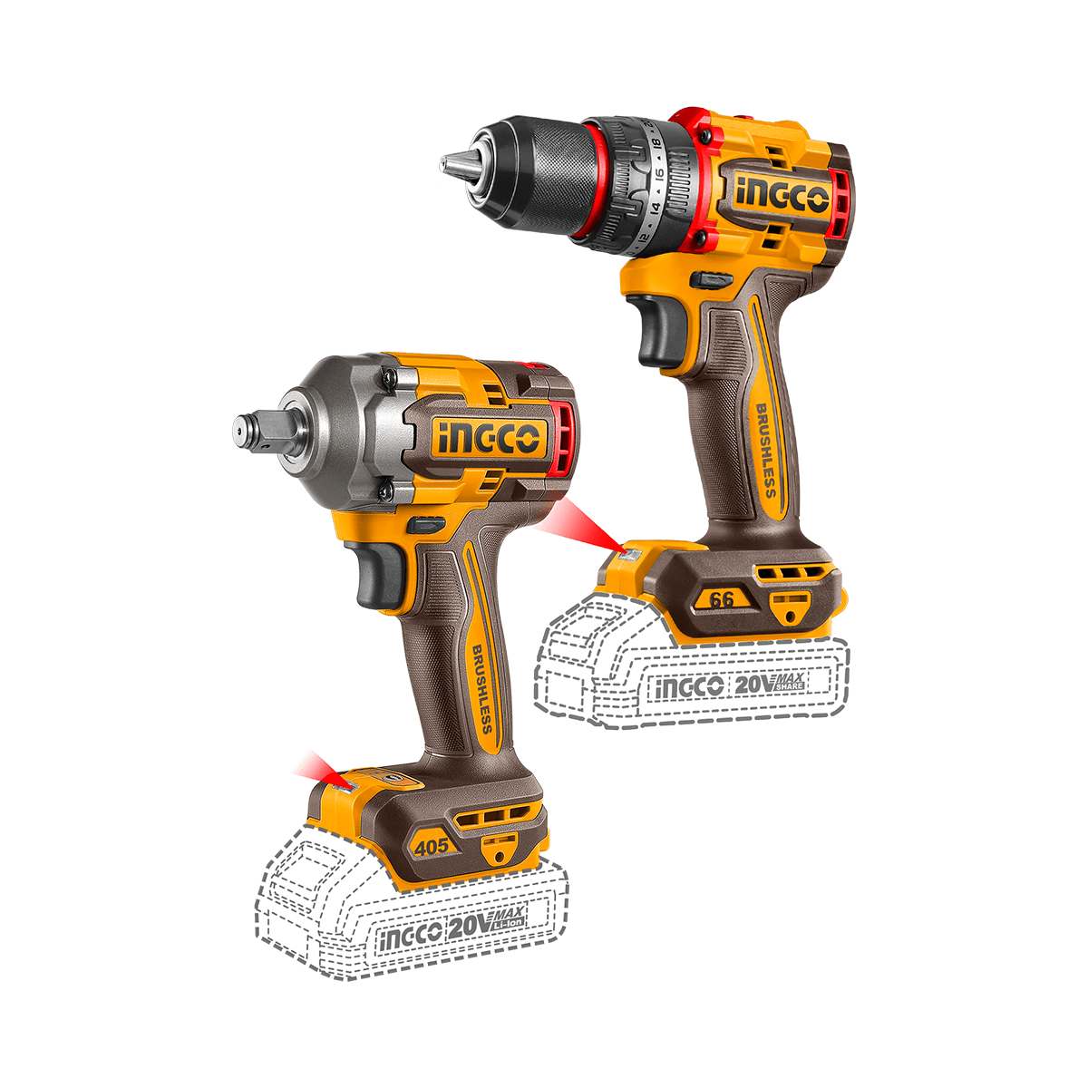 Combo 2 pçs — Parafusadeira c/ Impacto 1/2" BL 66Nm + Chave Impacto 405Nm 1/2" c/ 2 bat 2Ah