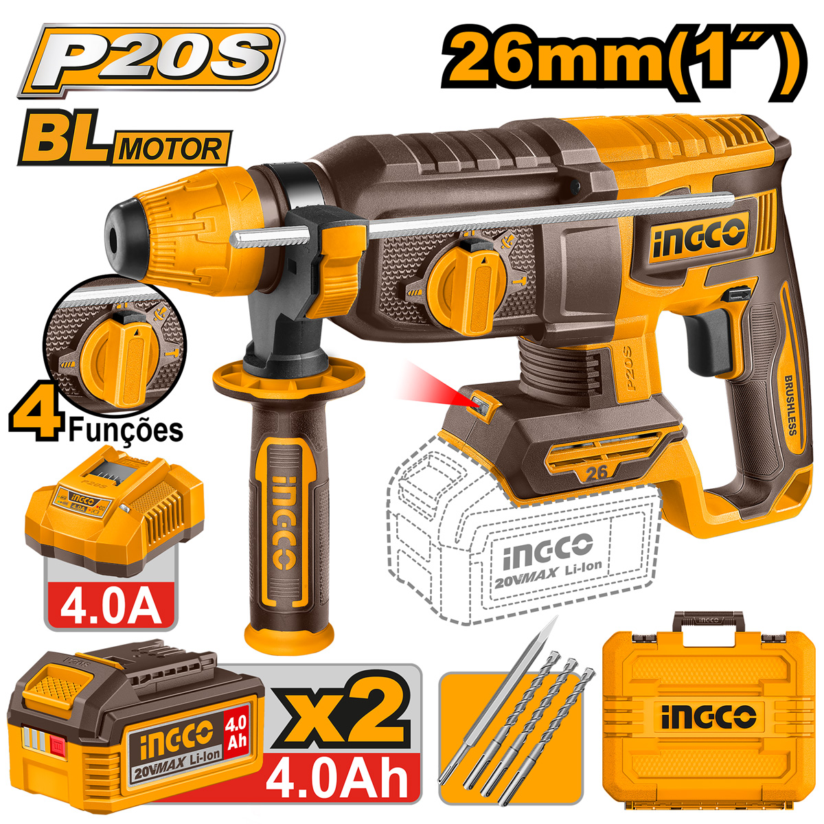 Martelete Combinado BL 26mm 2.5J SDS Plus 20V P20S c/ 2 bat 4Ah
