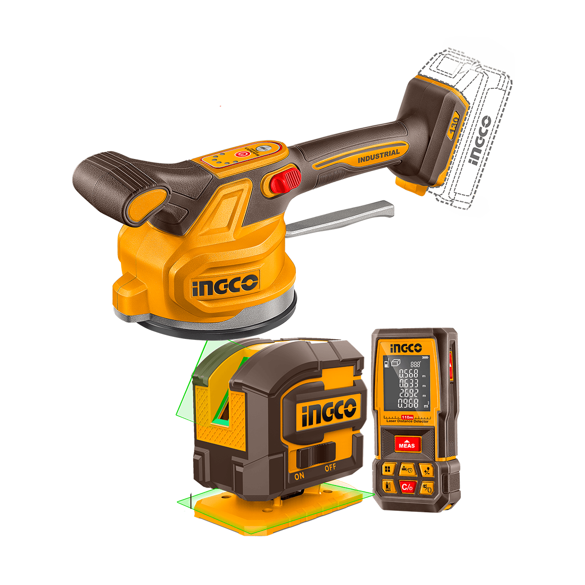 Combo 3 pçs — Máquina de Assentar Piso a bat c/ 2 bat 2Ah + Nível Laser 30m + Trena Laser 110m