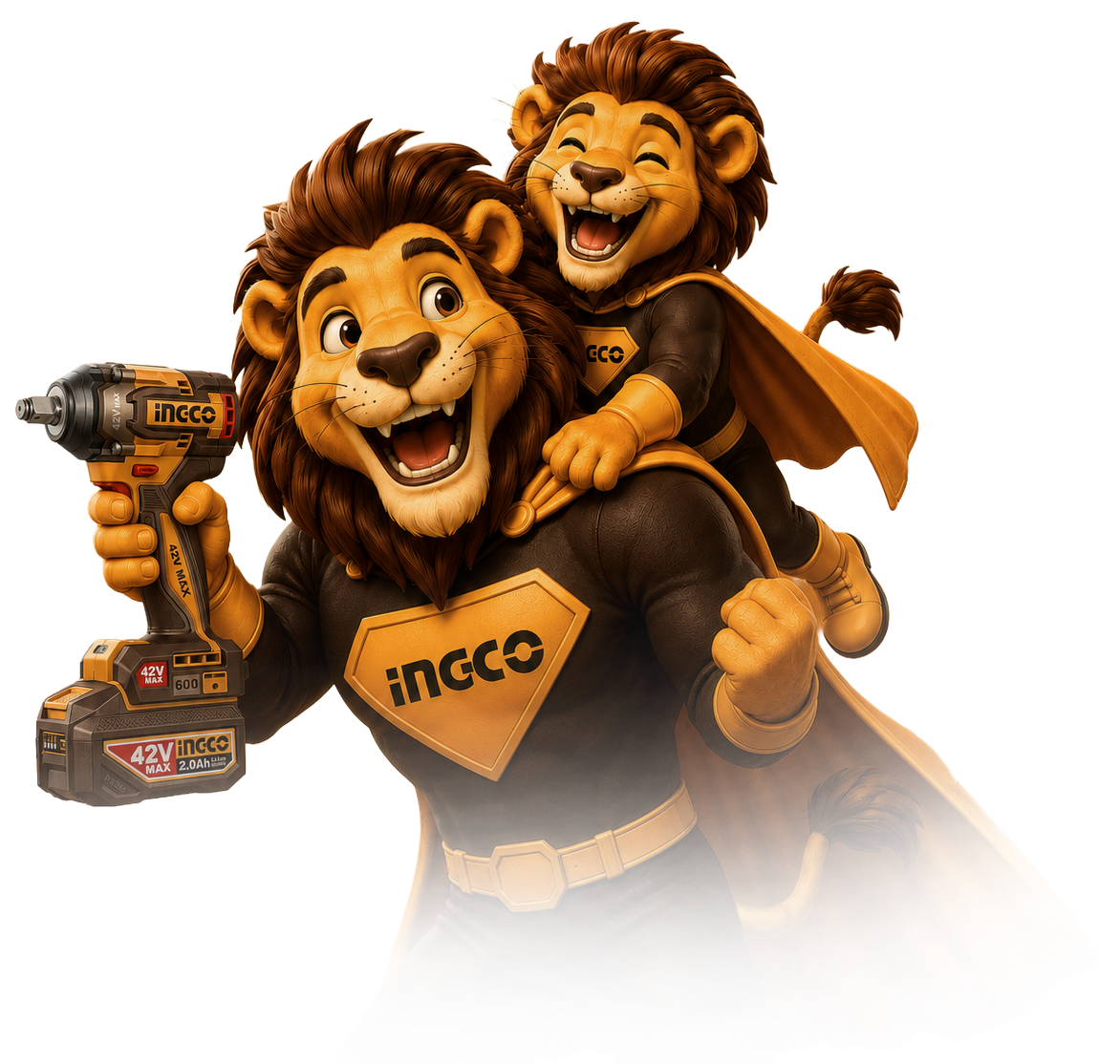 Mascote Super Pai INGCO — leão herói com ferramenta