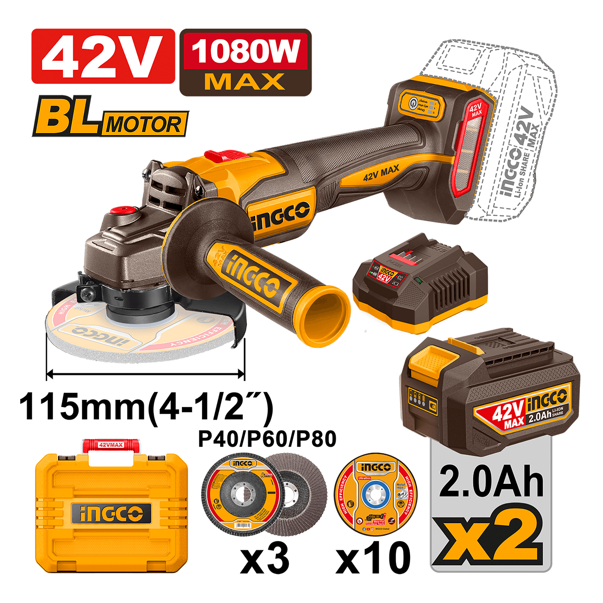 Esmerilhadeira Ang BL 4.1/2" 1080W Max 3 vel 42V P42M c/ 2 bat 2Ah