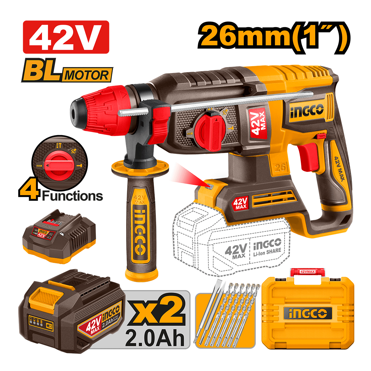 Martelete Combinado BL 26mm 2.5J SDS Plus 42V P42M c/ 2 bat 2Ah