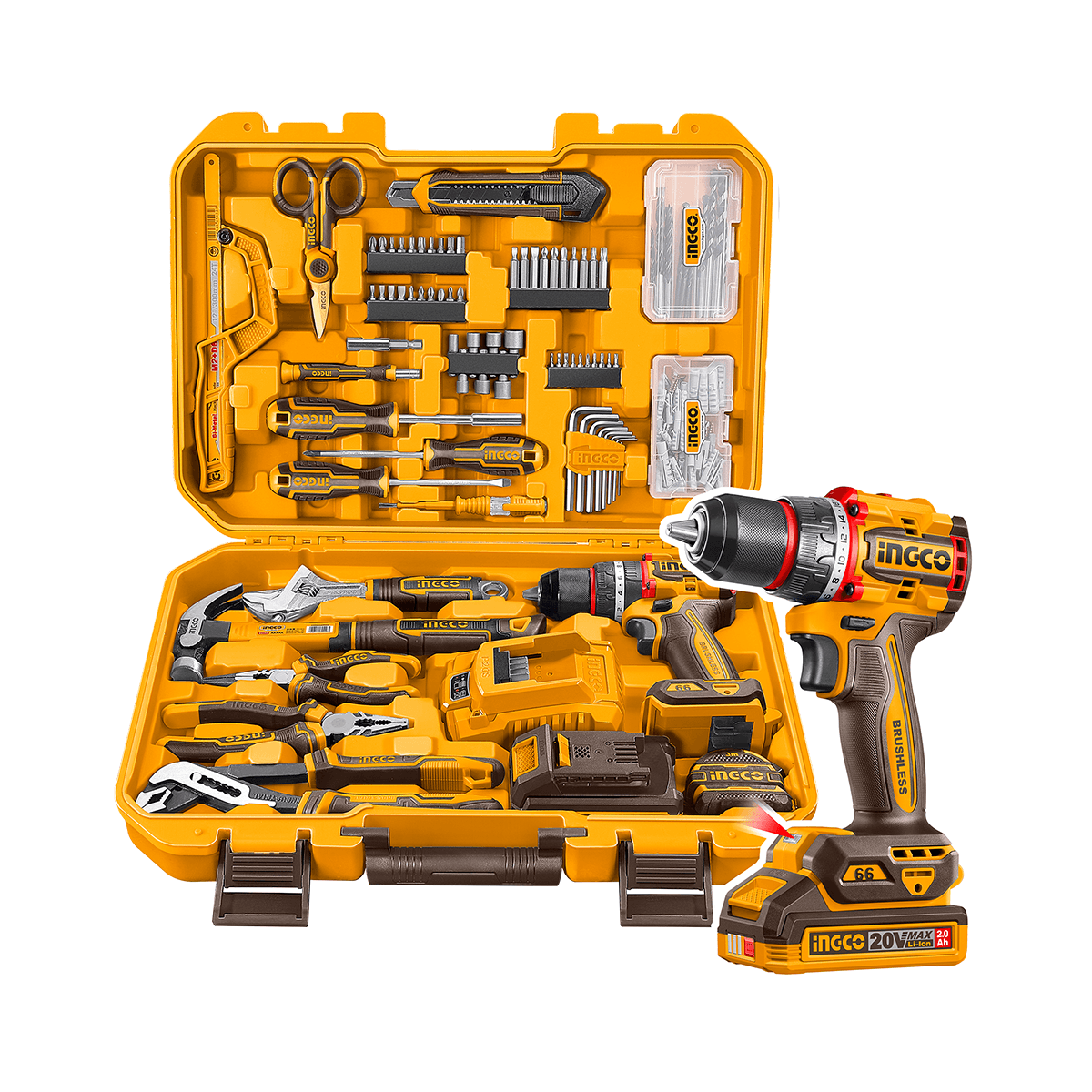 Kit 166 pçs INGCO — Parafusadeira/Furadeira BL 66Nm 1/2" 20V P20S