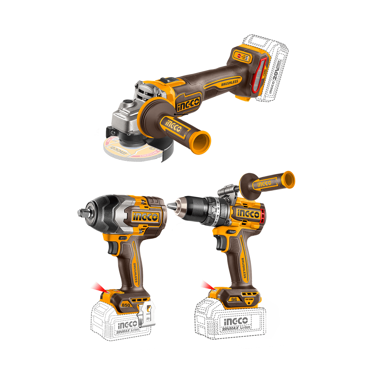 Combo 3 pçs — Parafusadeira c/ Impacto 96Nm + Chave Impacto 850Nm + Esmerilhadeira 1200W P20S c/ 2 bat 4Ah
