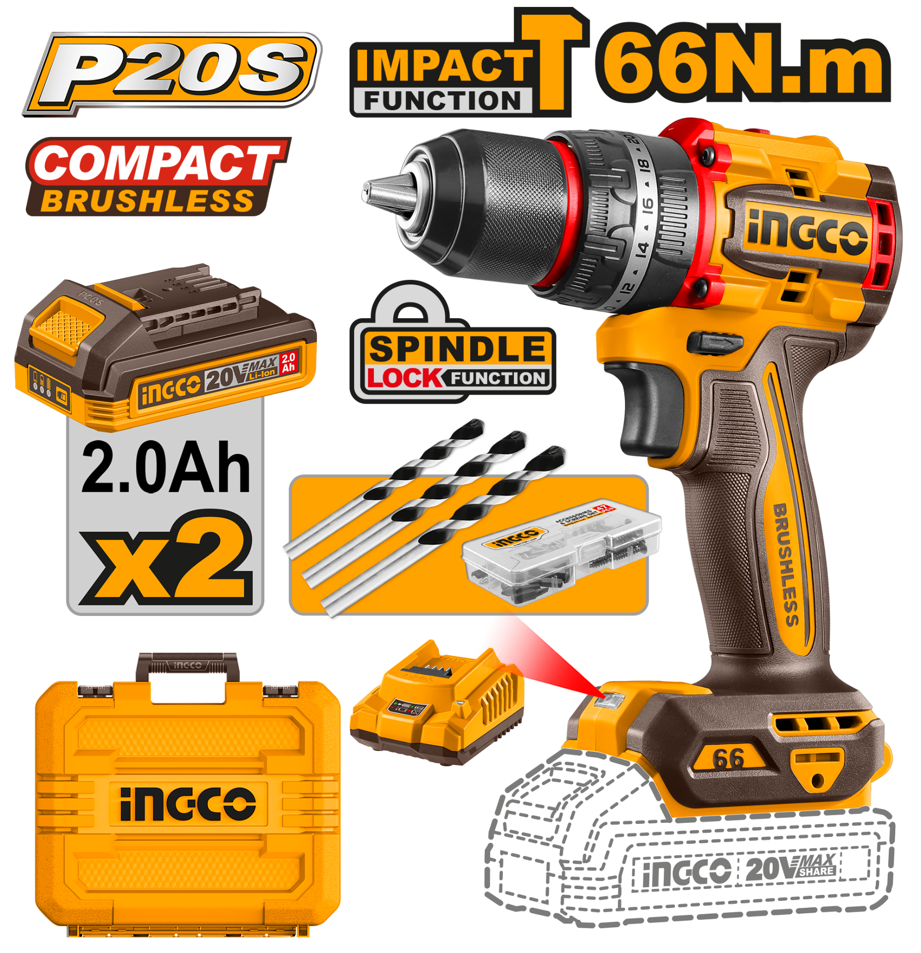 Parafusadeira/Furadeira BL 66Nm Impacto 1/2" 20V P20S c/ 2 bat 2Ah