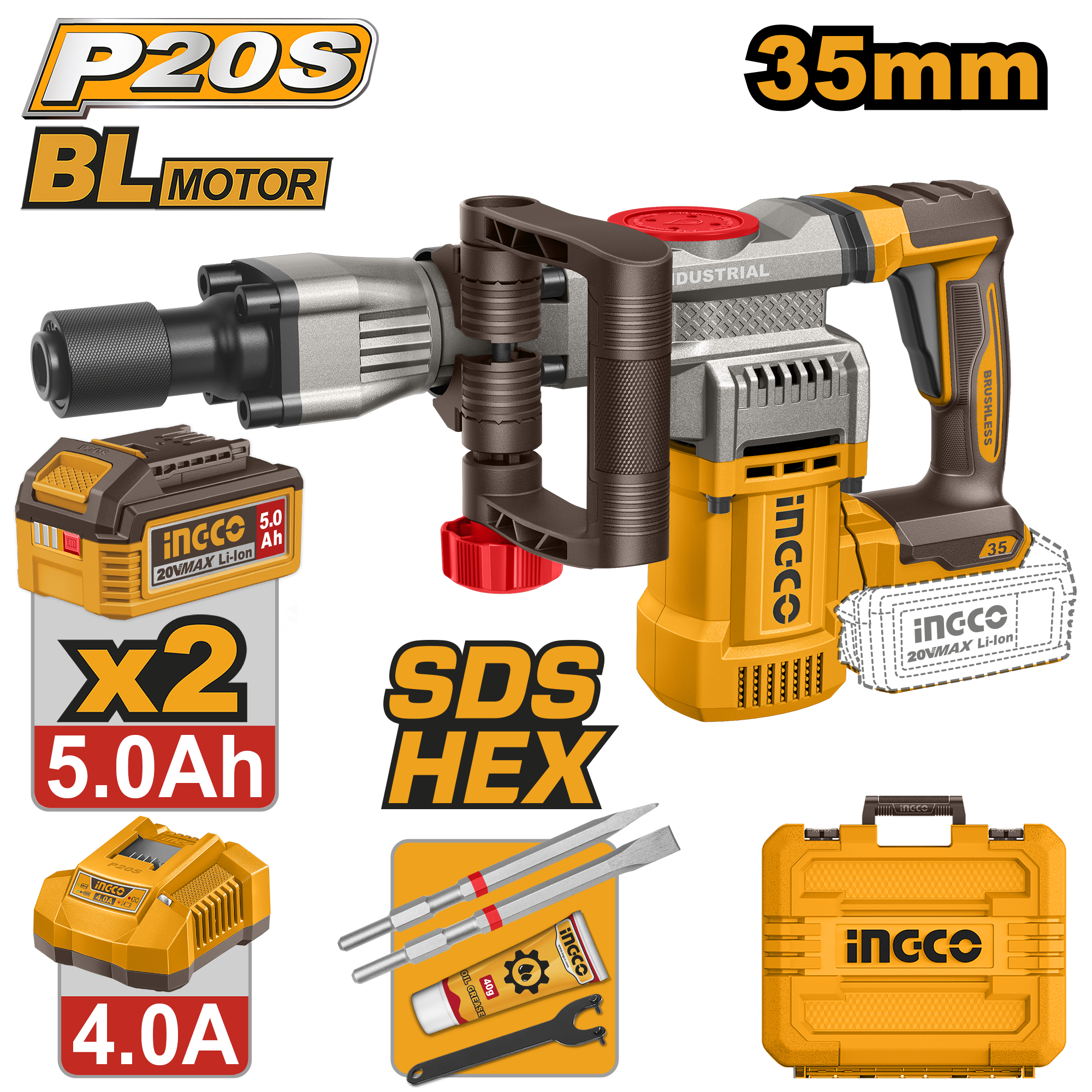 Martelo Demolidor Brushless 16J Hex 20V c/ 2 bat 5Ah