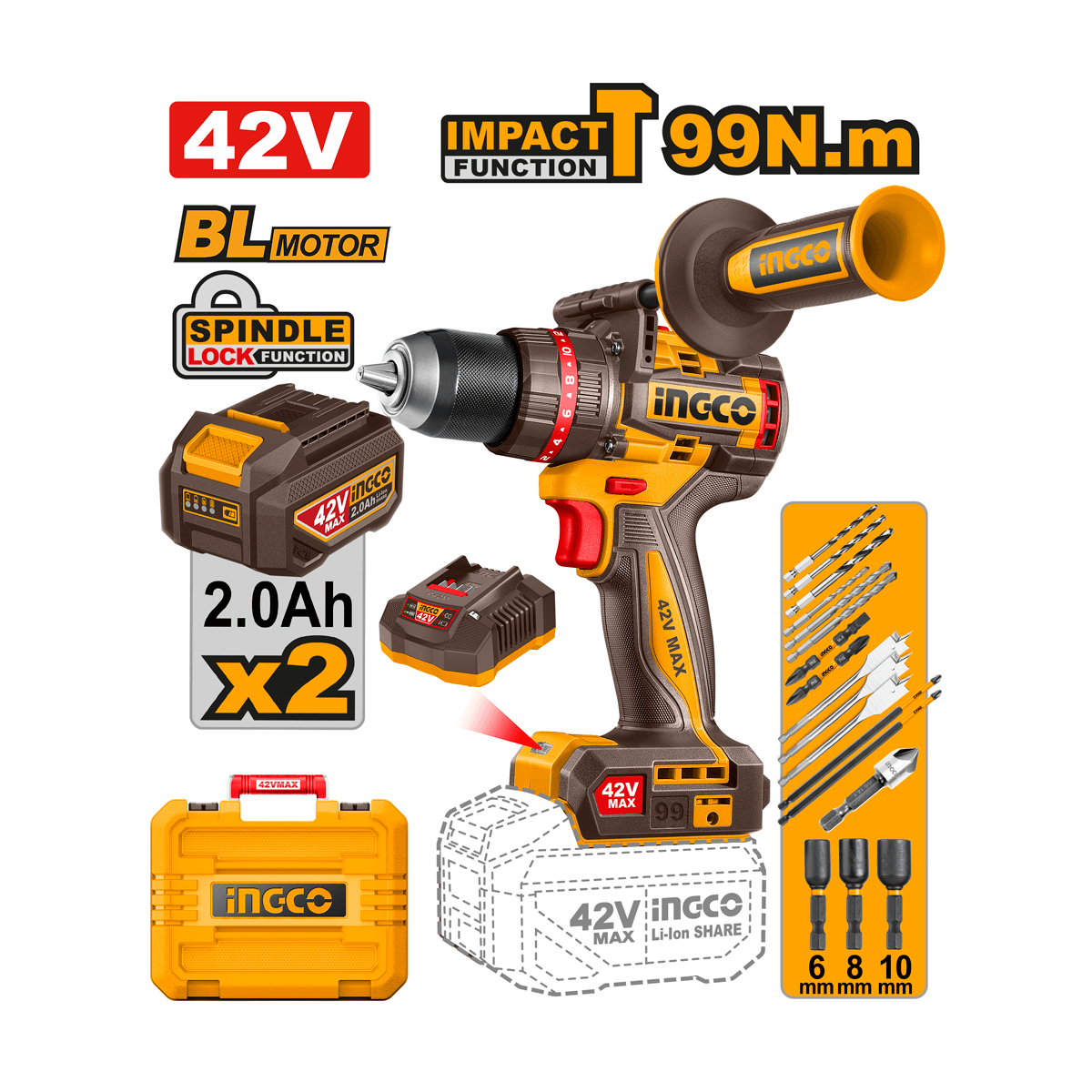 Parafusadeira/Furadeira BL 99Nm Impacto 1/2" 42V P42M c/ 2 bat 2Ah
