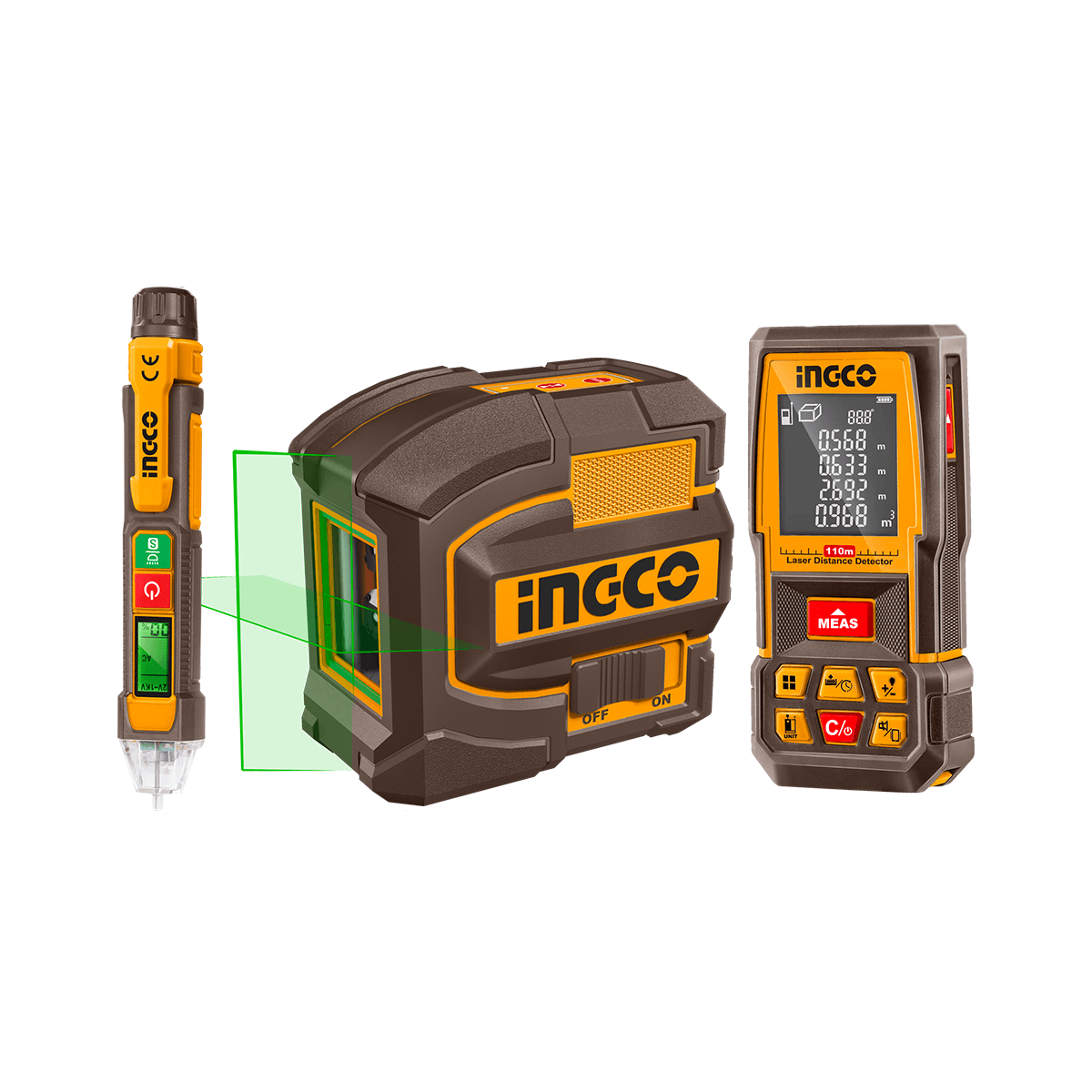 Combo — Nível Laser Linhas Verdes 35m + Trena Laser 110m + Detector de Tensão