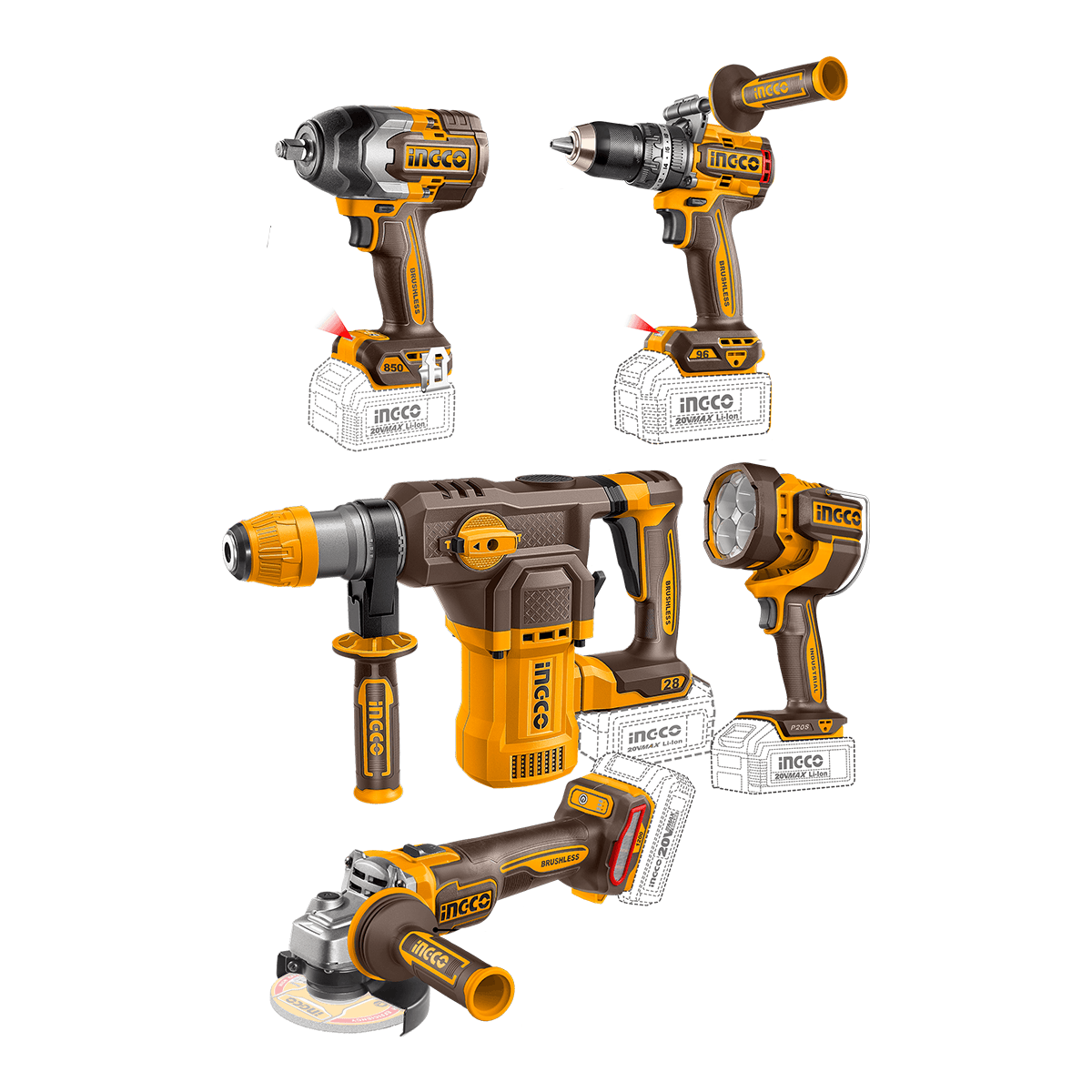 Combo 5 pçs — Parafusadeira 96Nm + Chave Impacto 850Nm + Esmerilhadeira 1200W + Martelete 4.5J + Lanterna c/ bolsa