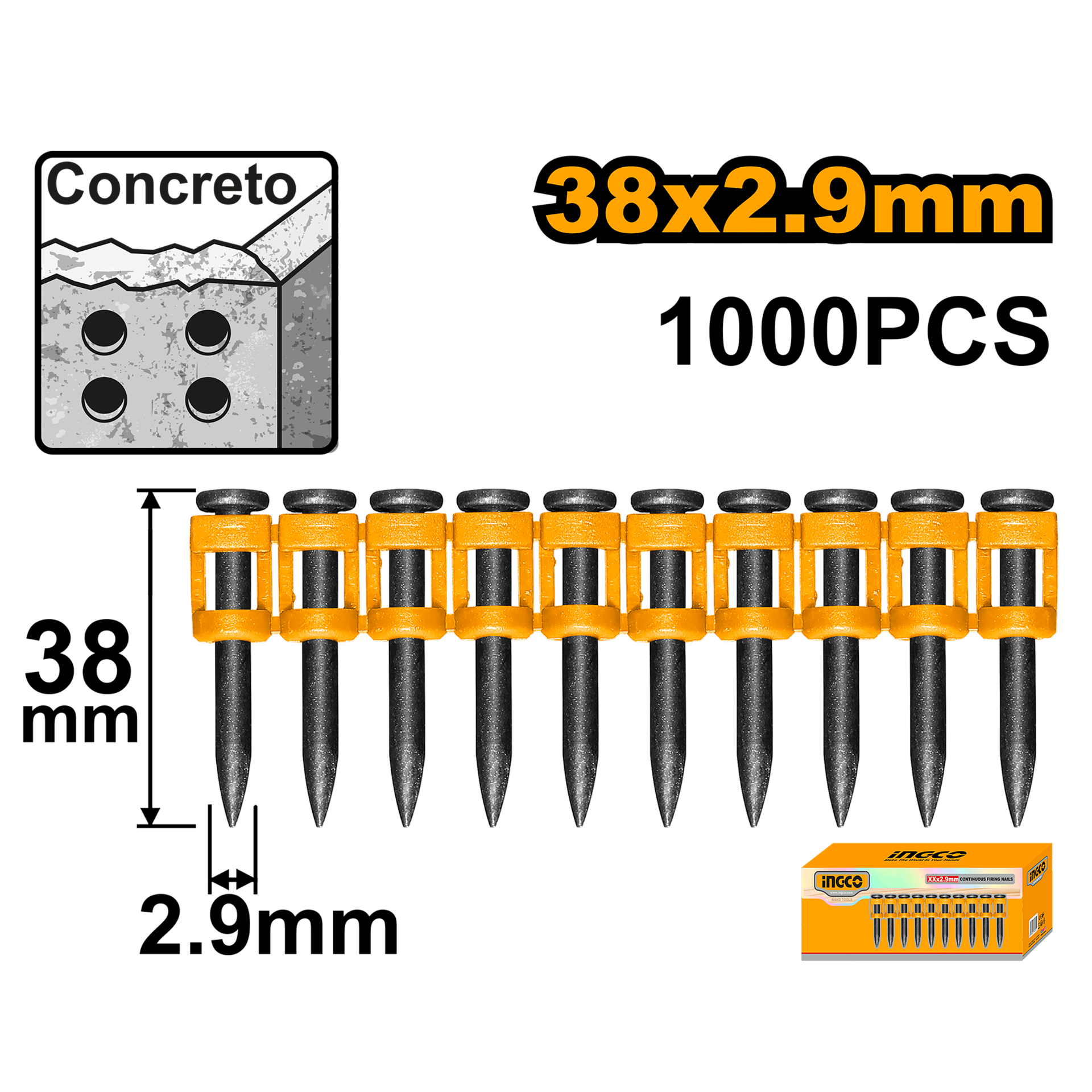 Pinos para Concreto em Pente 38mm x 2.9mm — caixa 1000 un (compat. CCNLI9005)
