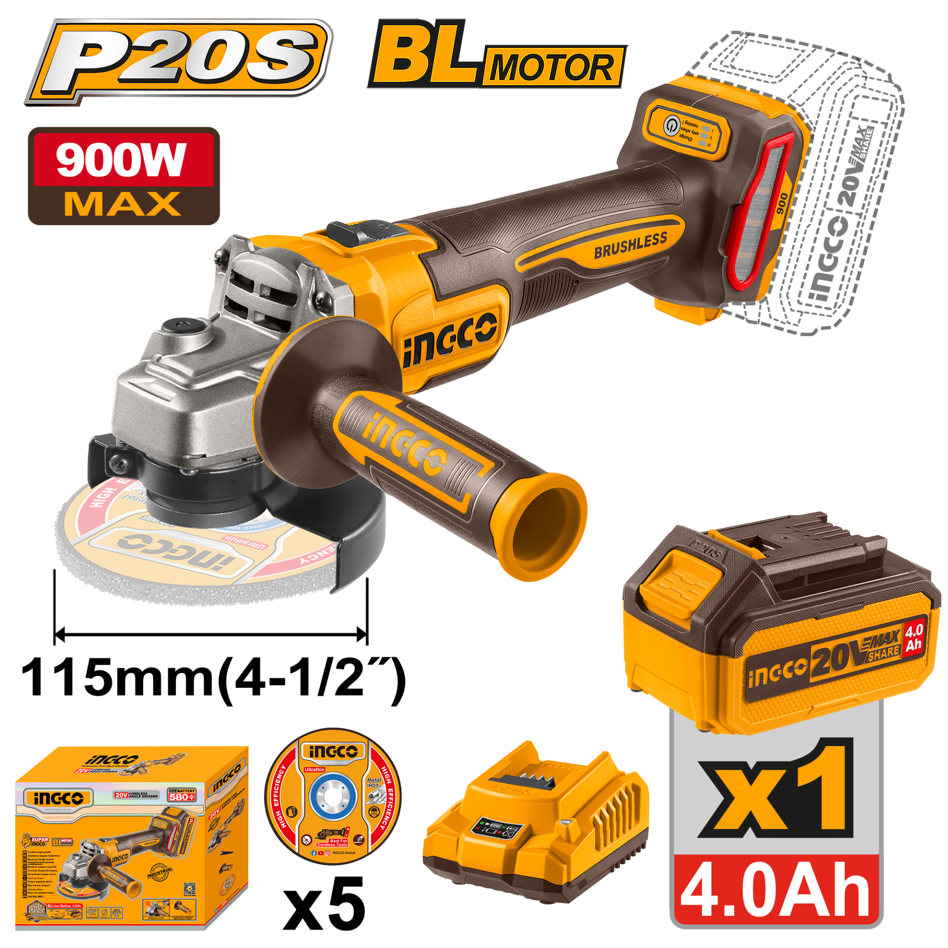 Esmerilhadeira Ang BL 4.1/2" 900W Max 3 vel 20V P20S c/ 1 bat 4Ah