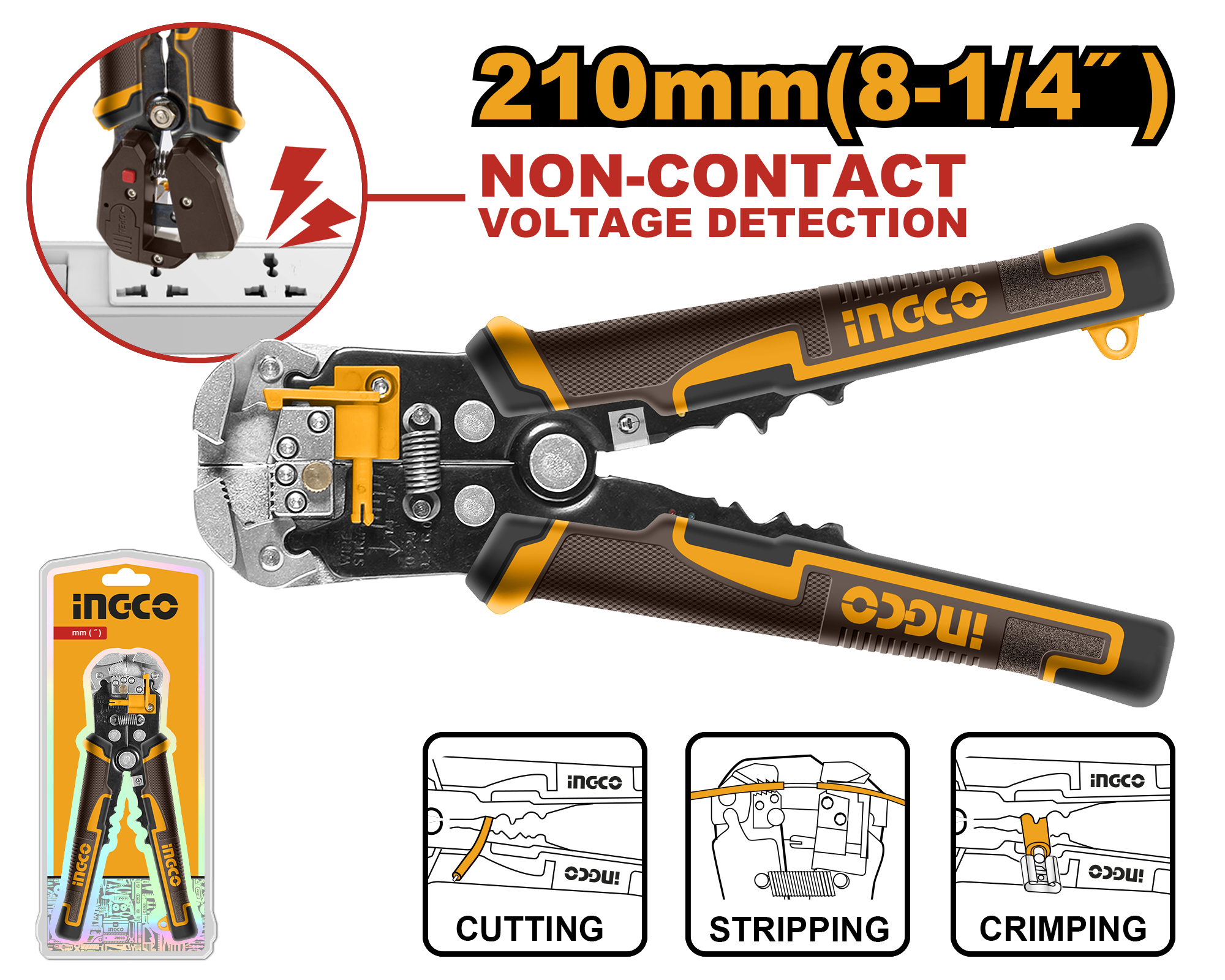 Alicate Automático p/ Eletricista 8.1/4" — cortar, decapar, crimpar + detector de tensão